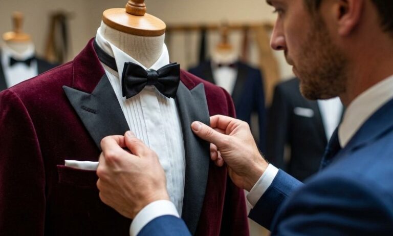 A man carefully adjusts the lapel of a luxurious burgundy velvet tuxedo jacket on a mannequin