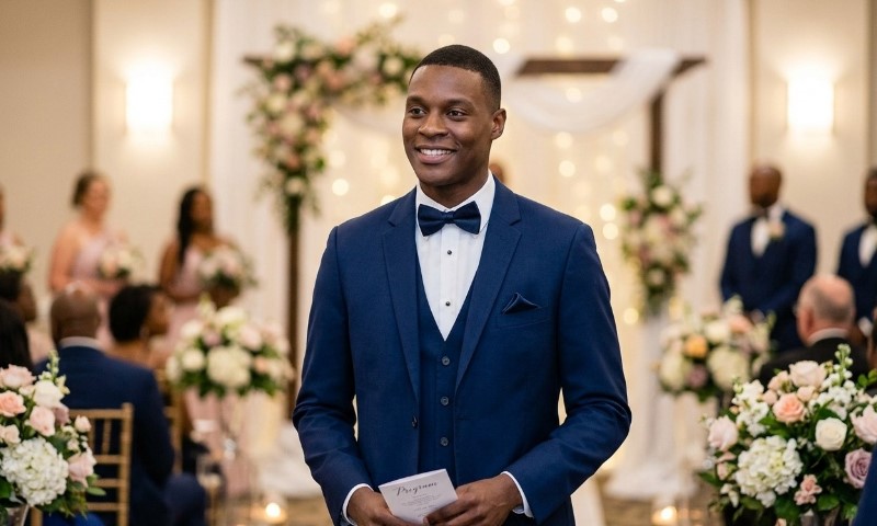 A groom in a navy blue suit smiling during a wedding ceremony