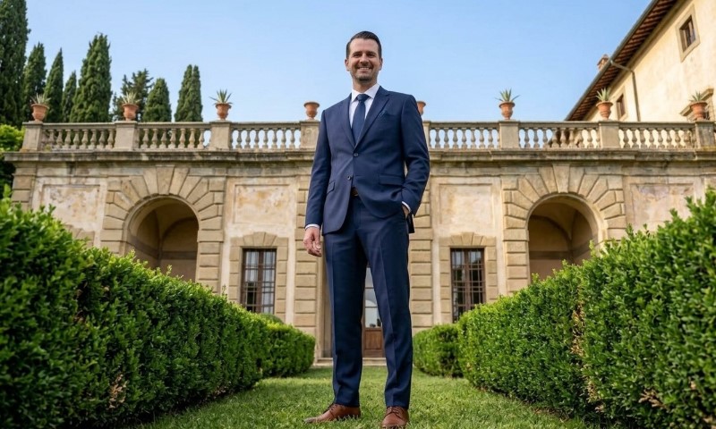 Man in a blue suit smiling confidently, standing on a manicured lawn with a historic villa and tall hedges in the background