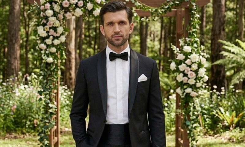 A man wearing a formal black tuxedo with a bowtie stands in front of a floral wedding arbor