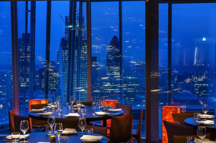 London skyline from the inside of a restaurant