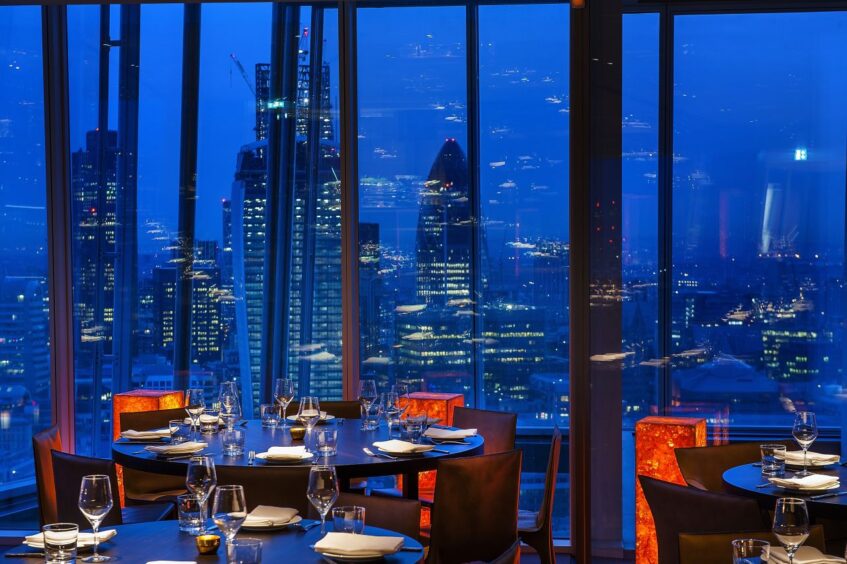 London skyline from the inside of a restaurant