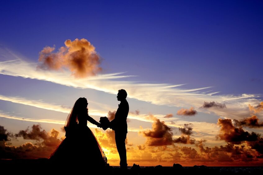 Wedded couple in a sunset