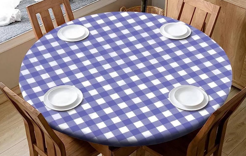Elasticated Table Toppers with a blue and white square design