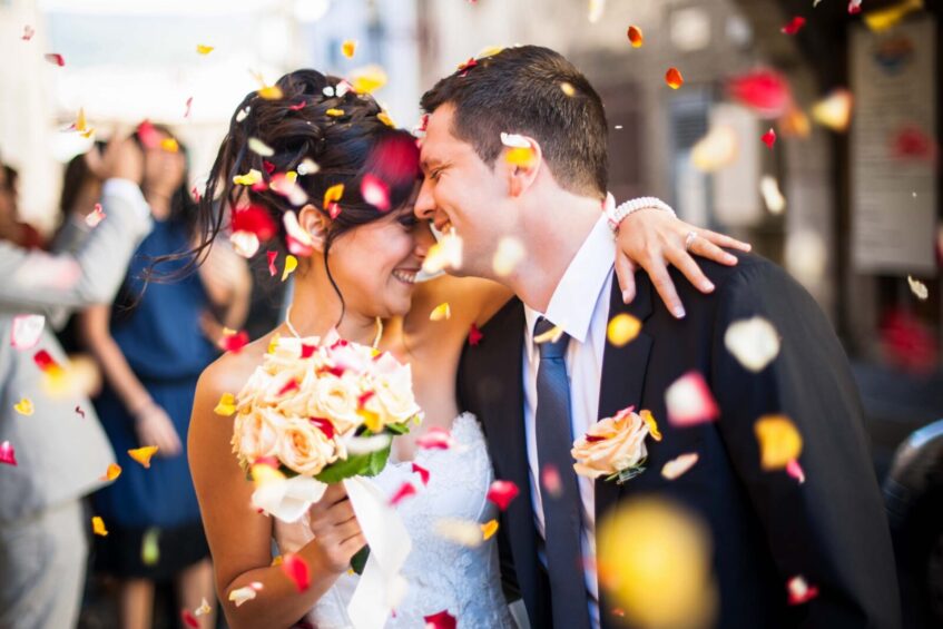 happy groom and bride