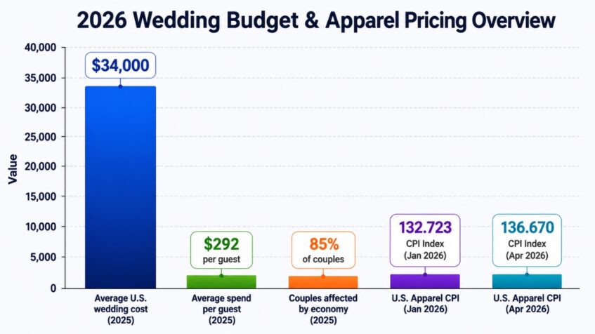 Bar chart showing 2026 wedding budget and apparel pricing indicators with costs, CPI values, and economy impact