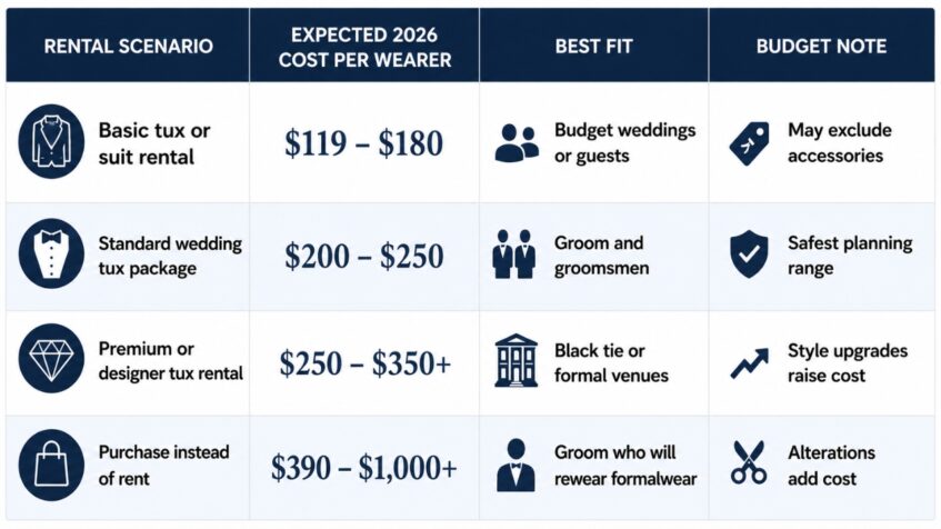 Wedding tux rental cost comparison table for 2026 with pricing ranges and budget notes