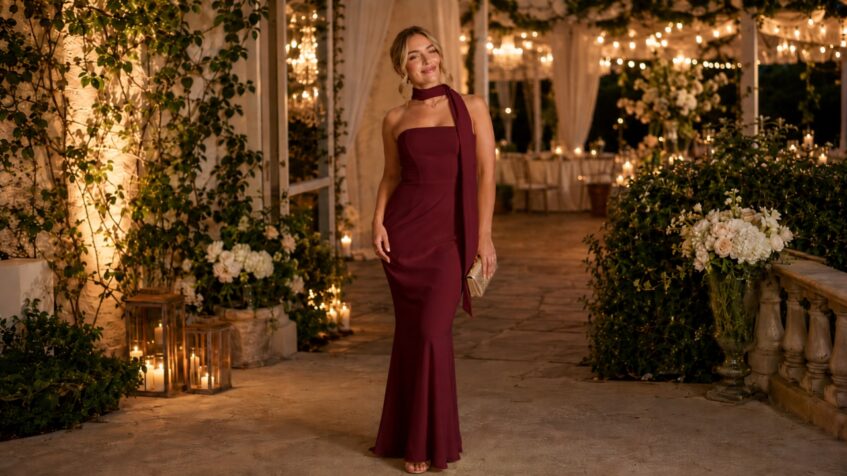 A blonde woman in a burgundy scarf dress stands at an evening wedding venue