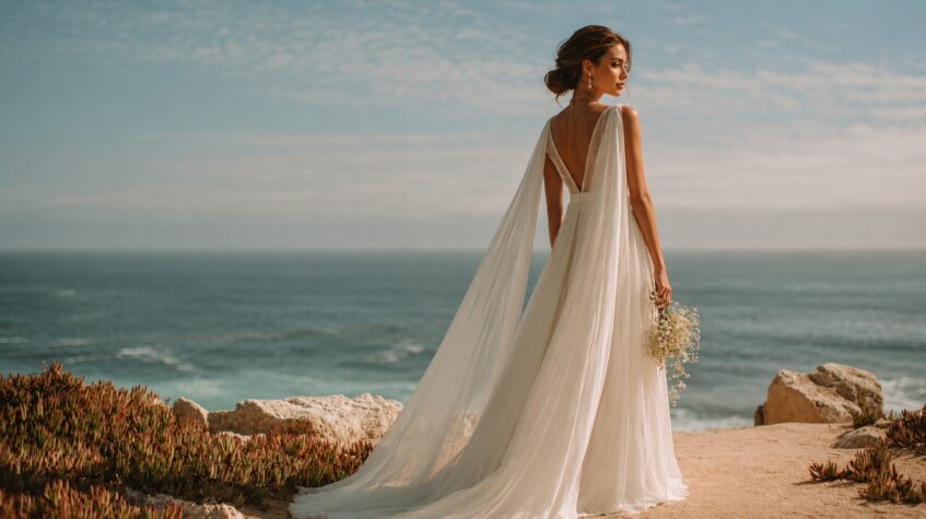 Bride standing by the ocean in a wedding gown with a long flowing cape, holding a bouquet and overlooking the coastline