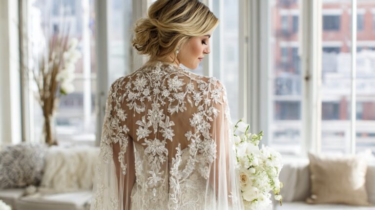Bride wearing a wedding gown with a sheer floral lace cape, standing by a window and holding a bouquet of white flowers