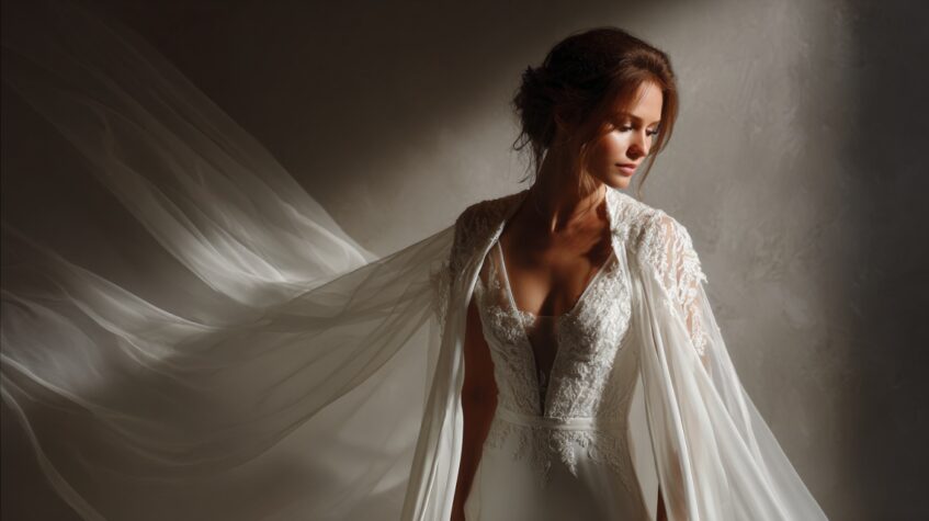 Bride wearing a lace wedding gown with a flowing sheer bridal cape, creating a dramatic and ethereal silhouette