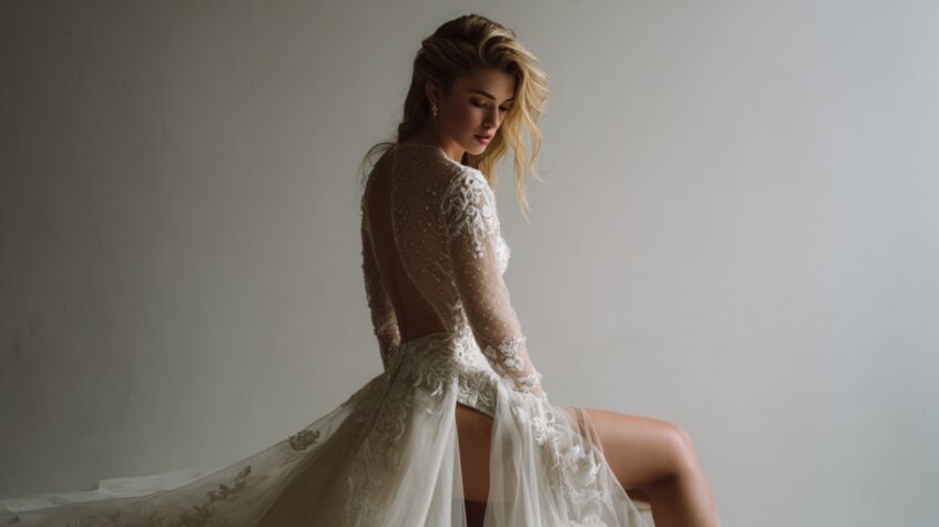 Bride wearing a lace wedding dress with a flowing detachable overskirt, creating a dramatic silhouette and elegant movement