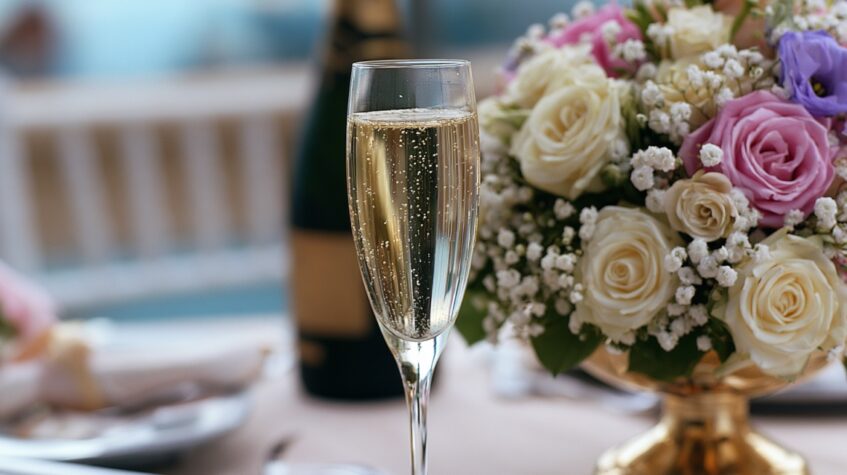 Glass of sparkling champagne beside a floral wedding centerpiece with white and pink roses.
