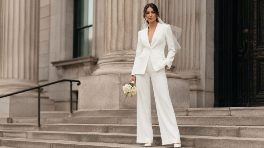 Bride in a white tailored suit holding a small bouquet on stone steps