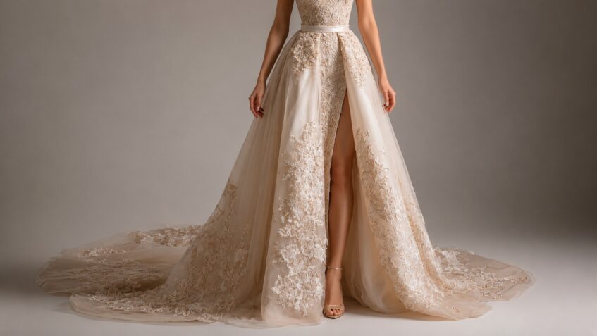 Close-up of a bride wearing a lace bridal gown with a detachable embroidered overskirt featuring a front opening and flowing train
