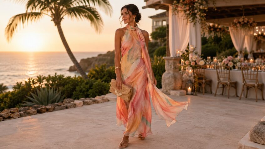 A woman in a sheer sunset scarf dress walks by the sea at a destination wedding