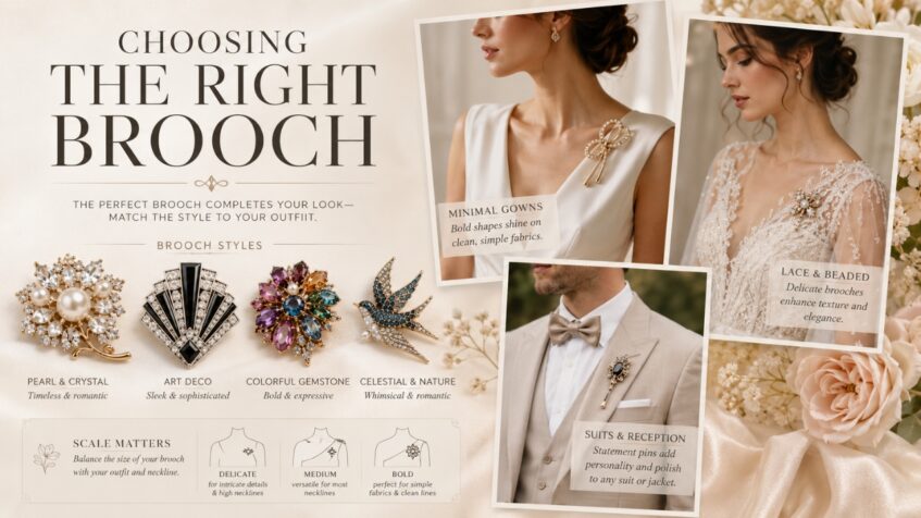 A bridal brooch guide shows styles for gowns and suits