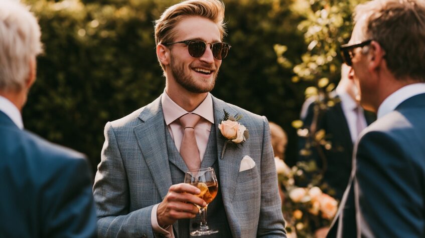 Wedding guest in a light gray suit holding a drink while chatting outdoors before the ceremony.