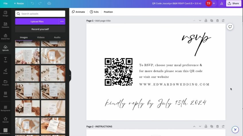 QR code card design open on a Canva screen