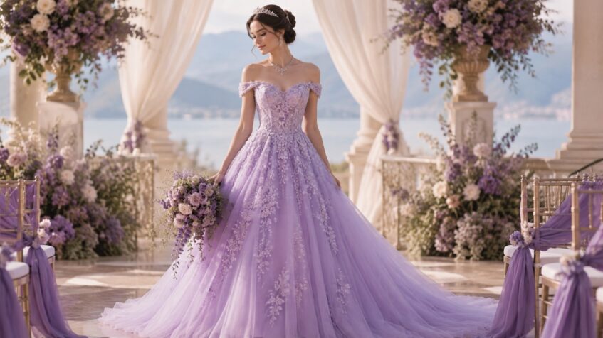 Bride in a lavender dress poses at a floral ceremony