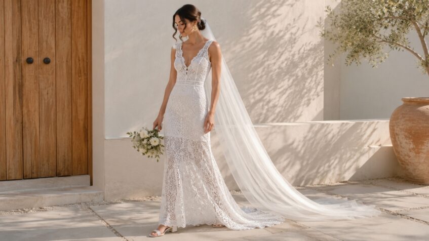 Bride wears a crochet wedding dress with a long veil and simple bouquet in a sunlit courtyard