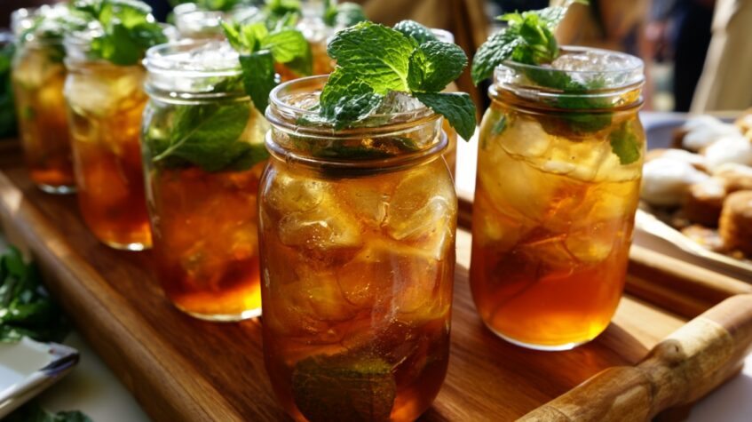 Mason jars filled with iced tea, fresh mint, and ice served on a wooden tray.