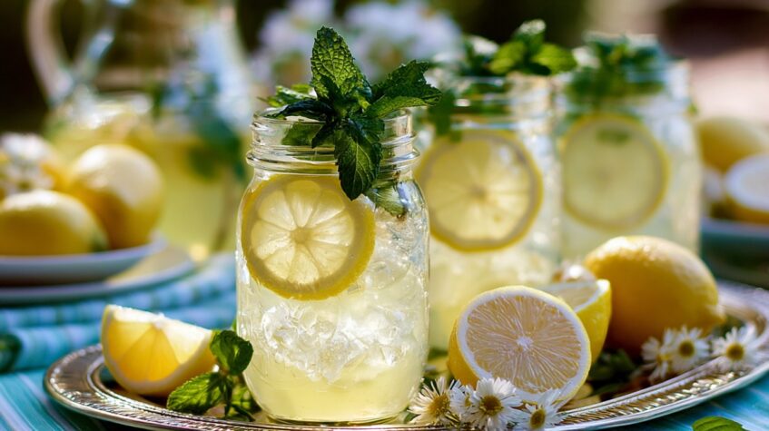 Mason jars filled with fresh lemonade, lemon slices, ice, and mint on a serving tray.