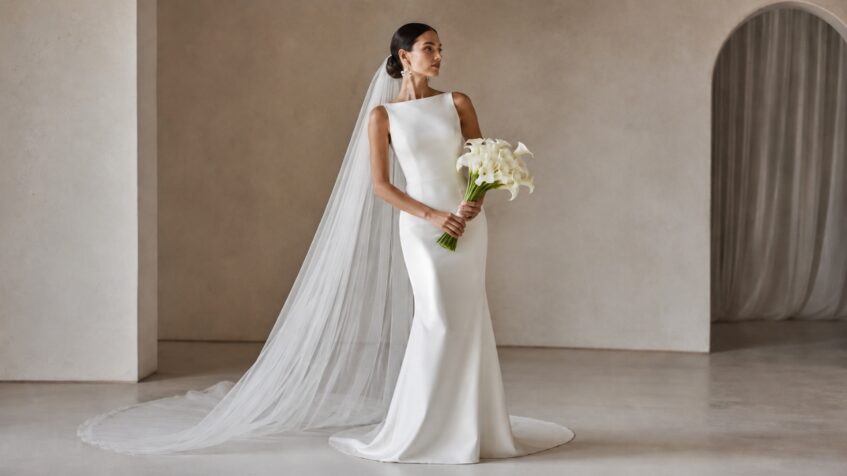 Bride in a minimalist column gown with a long veil and white bouquet