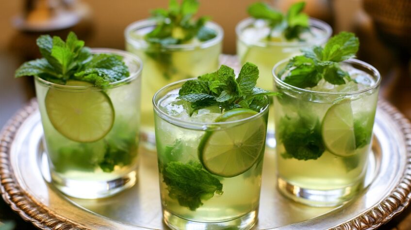 Tray of mojitos or mint mocktails with lime slices, fresh mint, and ice served in clear glasses.