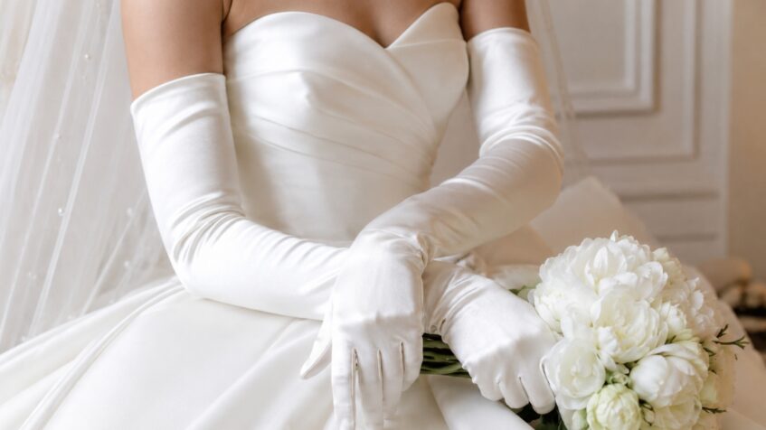 Bride in opera-length satin gloves holds a white bouquet