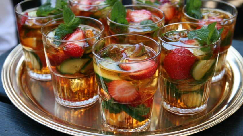 Glasses of Pimm's Cups garnished with strawberries, cucumber slices, mint, and ice on a serving tray.