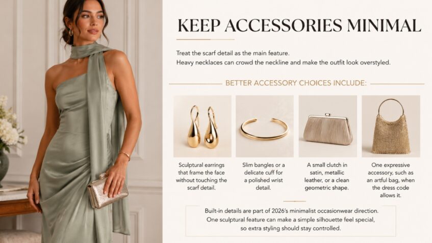 A woman in a sage scarf dress holds a metallic clutch beside a minimalist accessory guide