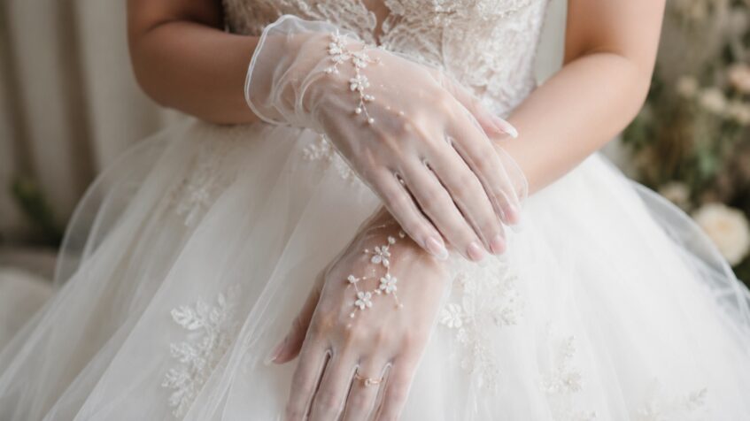 Bride’s sheer tulle gloves show pearl floral details over her white dress