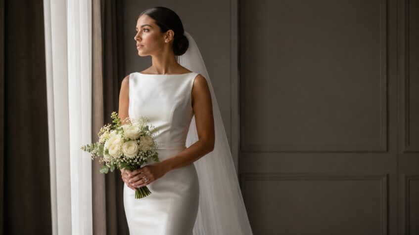 Bride in a sleek satin sheath gown with a white bouquet beside a window