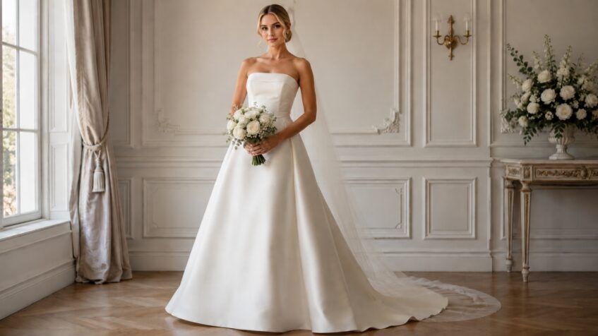 Blonde bride in a strapless A-line wedding gown holding a white bouquet