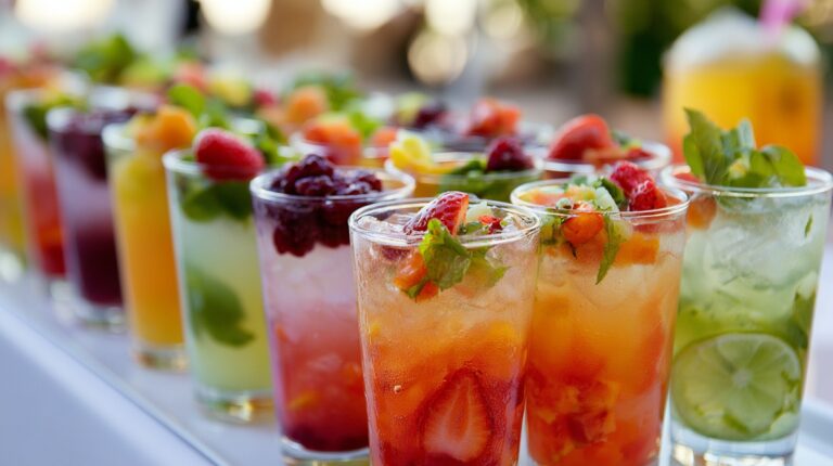 Colorful assortment of fruit-infused welcome drinks served in tall glasses with fresh mint and berries.