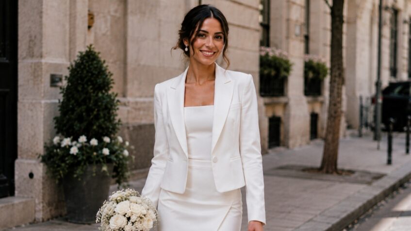 Bride in a white skirt suit smiles at the camera on a city street