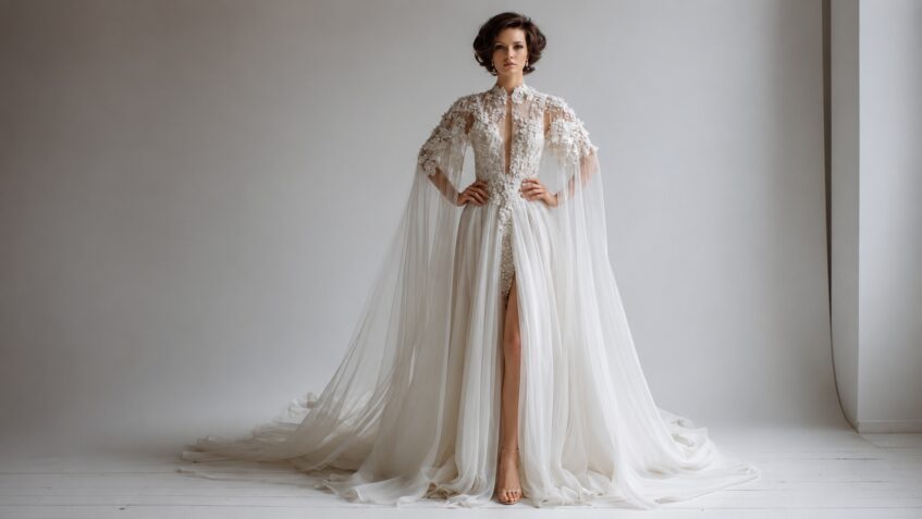 Bride wearing an embellished wedding gown with a flowing cape and overskirt, standing in a studio with a long train cascading across the floor