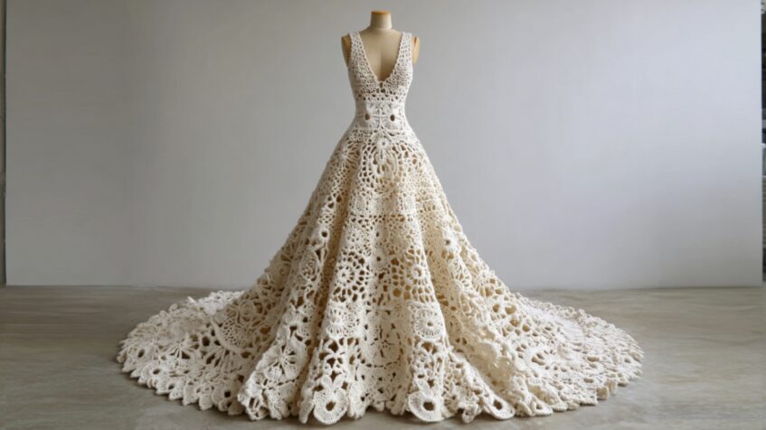 Crochet wedding dress displayed on a mannequin with a full textured skirt and long train