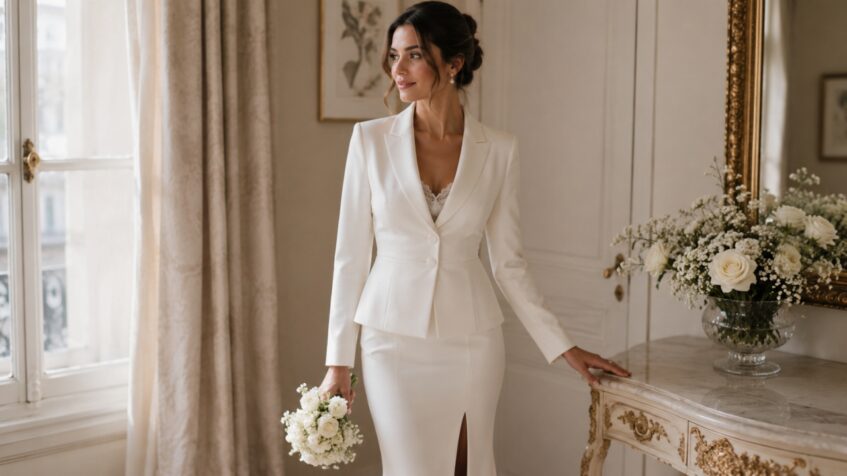 Bride in a white skirt suit poses in an elegant room with a small bouquet