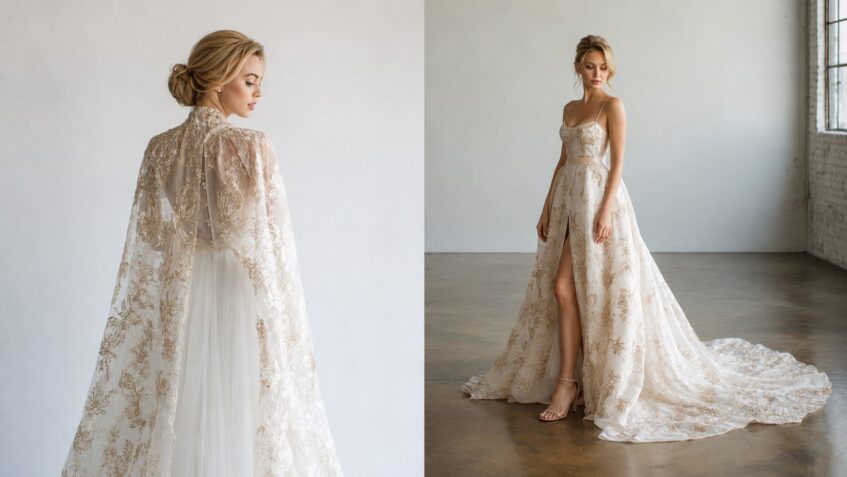 Side-by-side images of a bride wearing a lace bridal cape and a detachable overskirt, showcasing two elegant options for creating versatile wedding styles