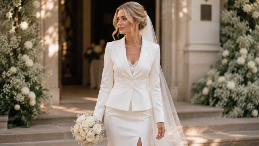 Bride in a white skirt suit and veil walks outside a wedding venue with a bouquet