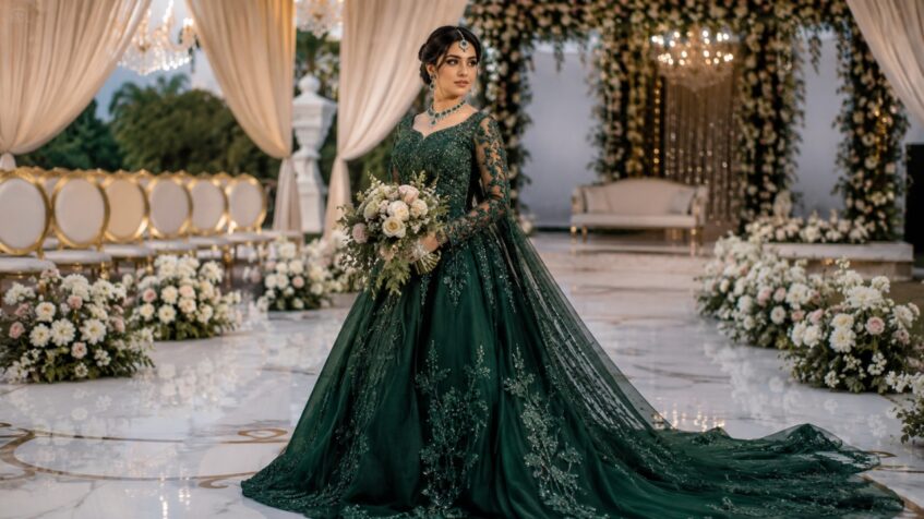 Bride in an emerald dress stands at a flower-filled ceremony venue