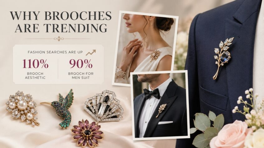 An editorial brooch trend graphic shows bridal pins, suit lapel pins, and search growth stats
